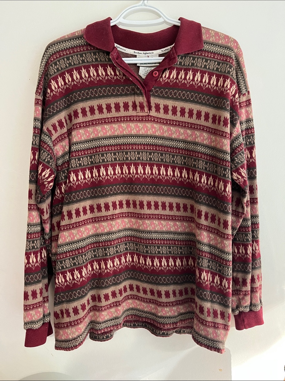 Vintage Northern Reflections Burgundy Patterned V‑Neck Polo thin Sweater